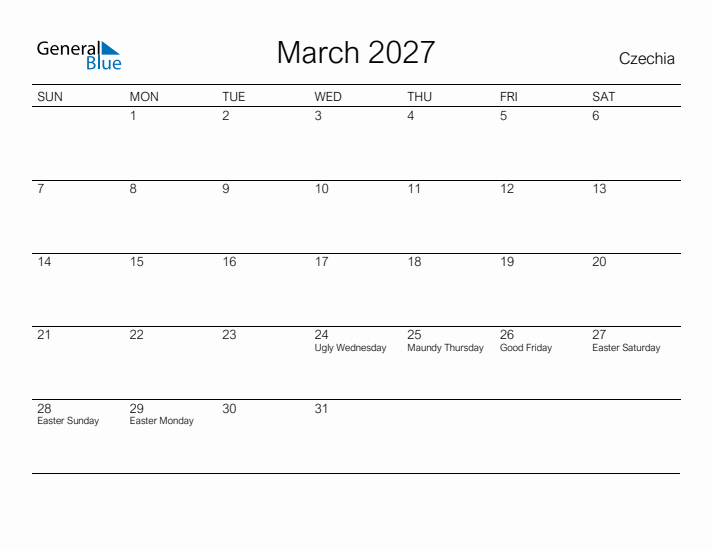 Printable March 2027 Calendar for Czechia