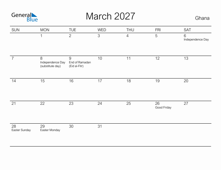 Printable March 2027 Calendar for Ghana