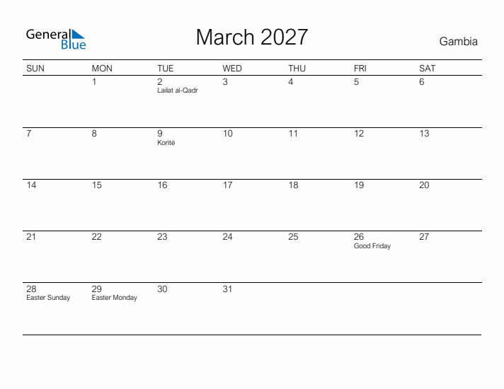 Printable March 2027 Calendar for Gambia
