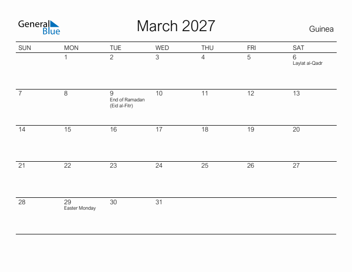 Printable March 2027 Calendar for Guinea