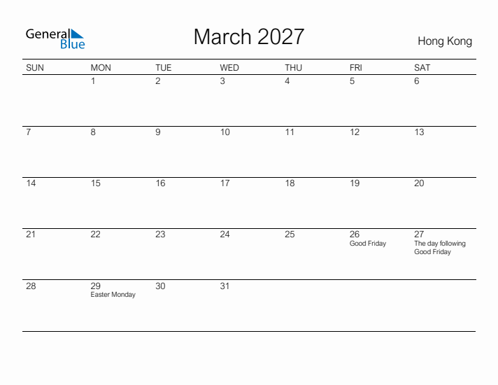 Printable March 2027 Calendar for Hong Kong