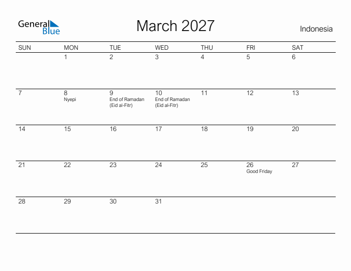 Printable March 2027 Calendar for Indonesia