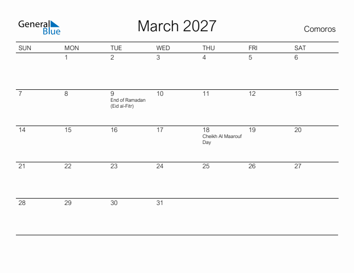 Printable March 2027 Calendar for Comoros