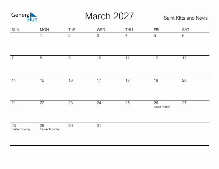 Printable March 2027 Calendar for Saint Kitts and Nevis