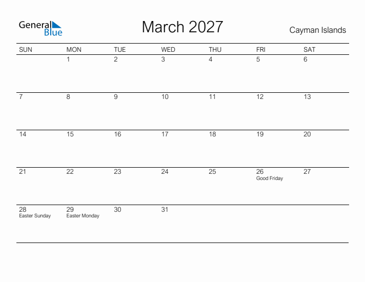 Printable March 2027 Calendar for Cayman Islands