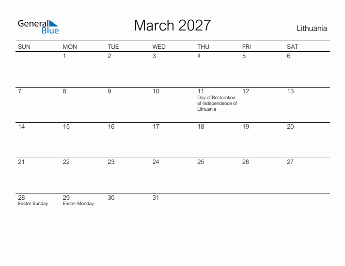 Printable March 2027 Calendar for Lithuania