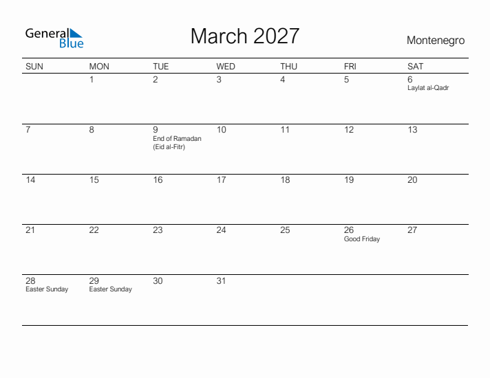 Printable March 2027 Calendar for Montenegro