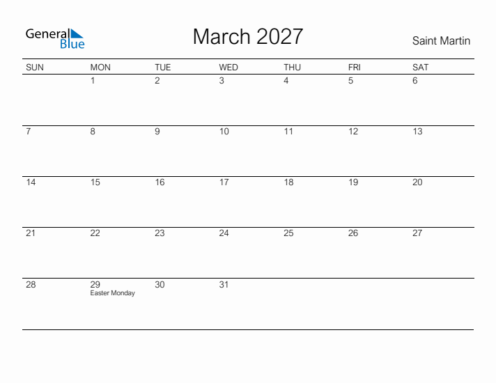 Printable March 2027 Calendar for Saint Martin
