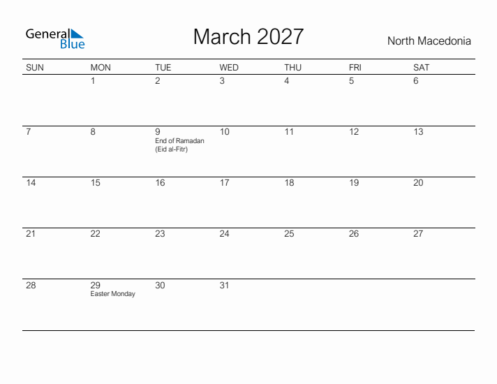 Printable March 2027 Calendar for North Macedonia