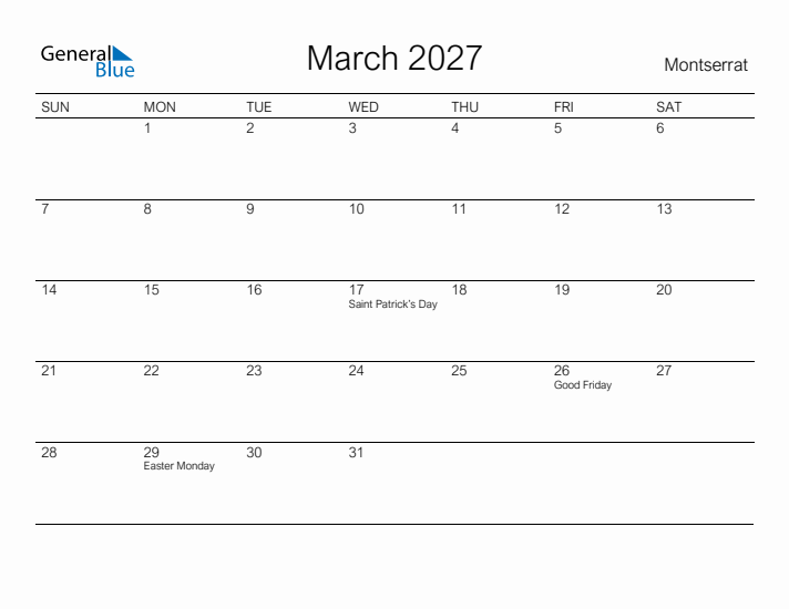 Printable March 2027 Calendar for Montserrat