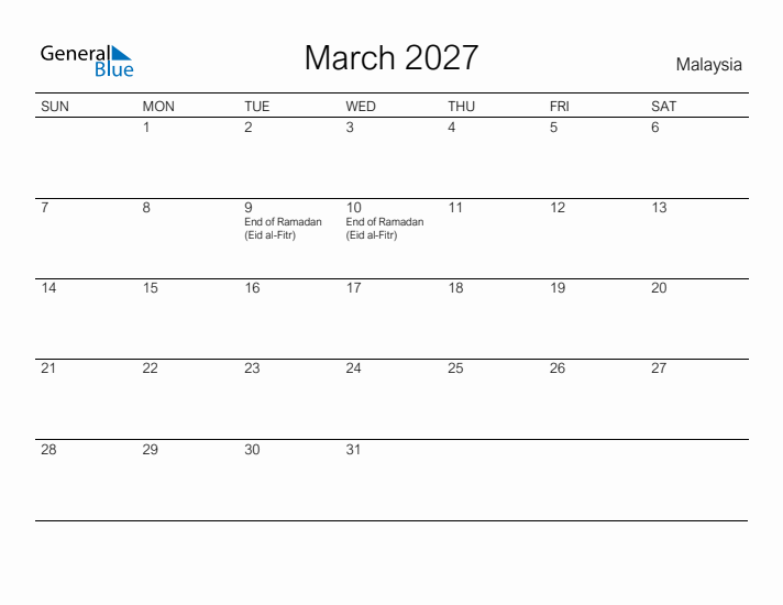 Printable March 2027 Calendar for Malaysia