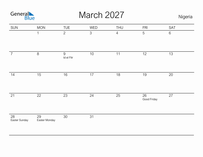 Printable March 2027 Calendar for Nigeria