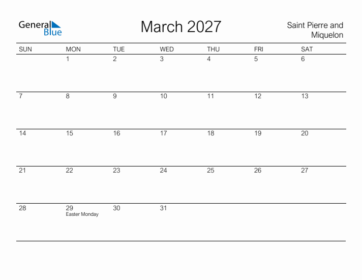 Printable March 2027 Calendar for Saint Pierre and Miquelon