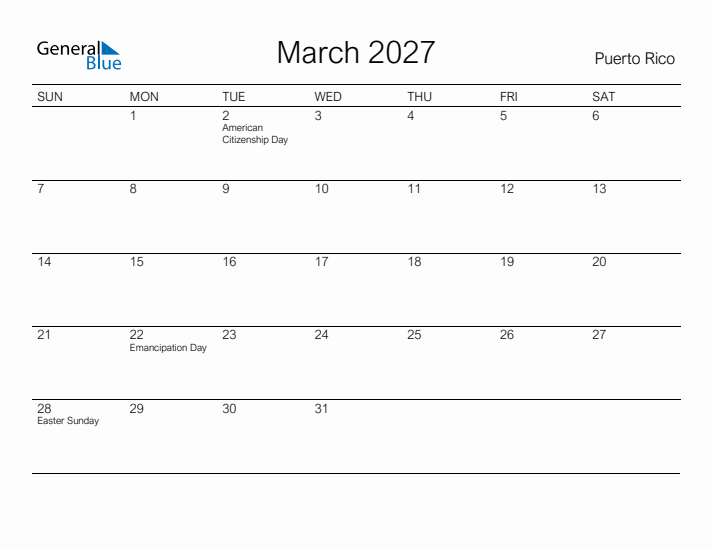 Printable March 2027 Calendar for Puerto Rico