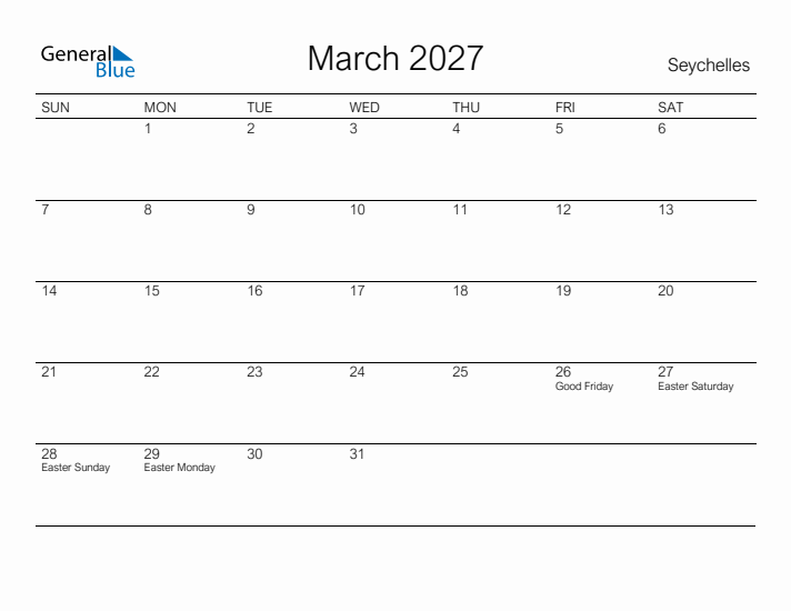 Printable March 2027 Calendar for Seychelles