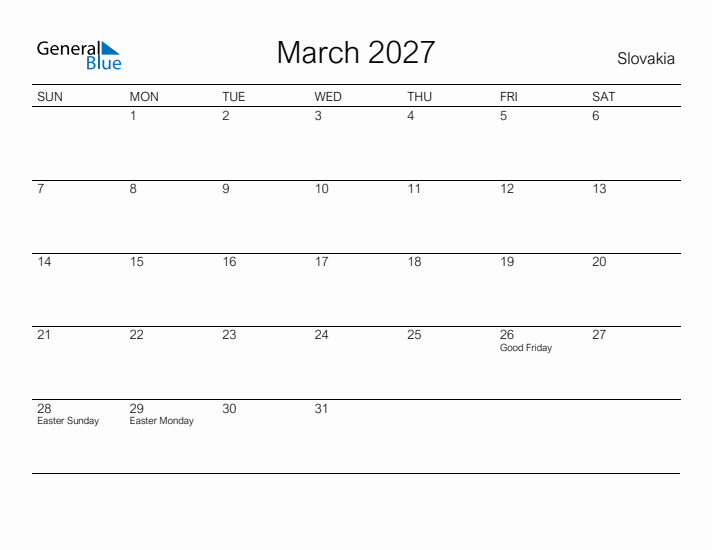 Printable March 2027 Calendar for Slovakia