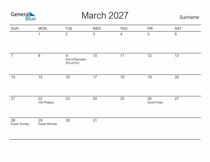 Printable March 2027 Calendar for Suriname