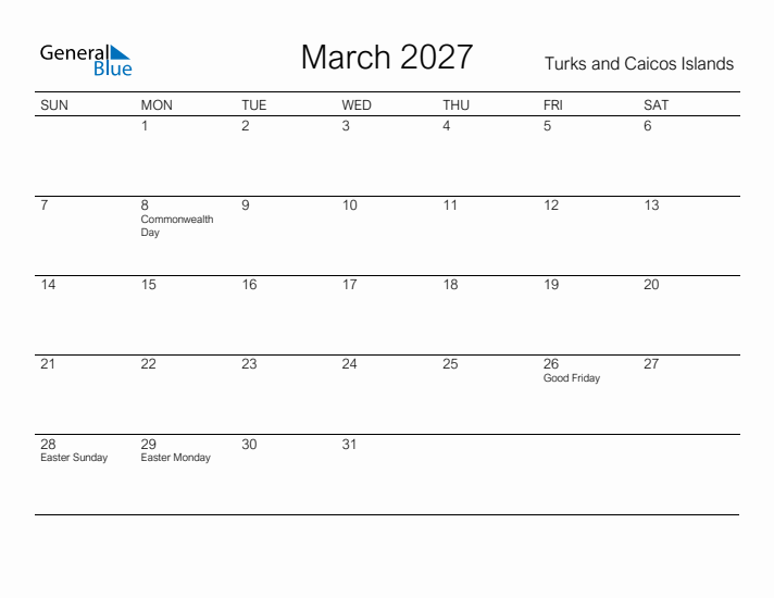 Printable March 2027 Calendar for Turks and Caicos Islands