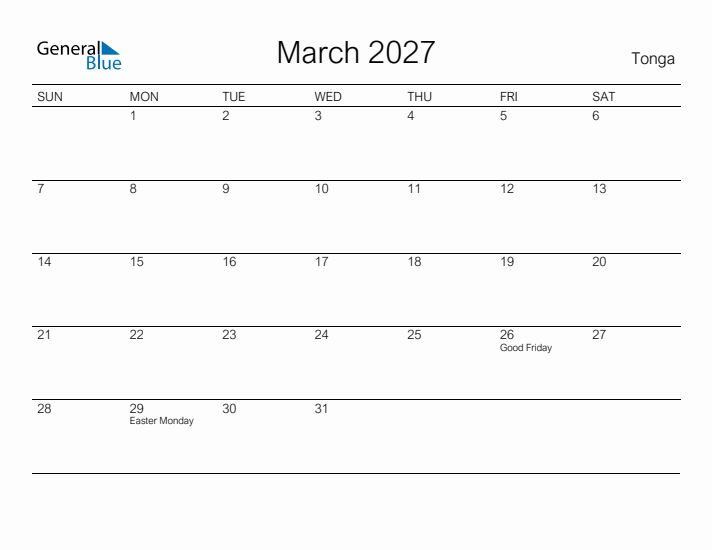 Printable March 2027 Calendar for Tonga
