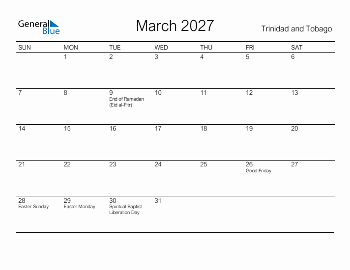 Printable March 2027 Calendar for Trinidad and Tobago
