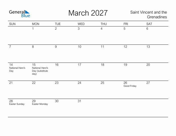 Printable March 2027 Calendar for Saint Vincent and the Grenadines