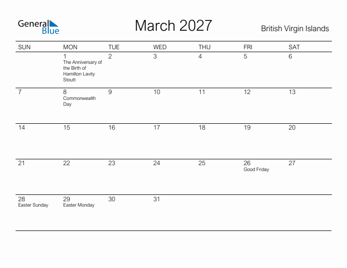 Printable March 2027 Calendar for British Virgin Islands