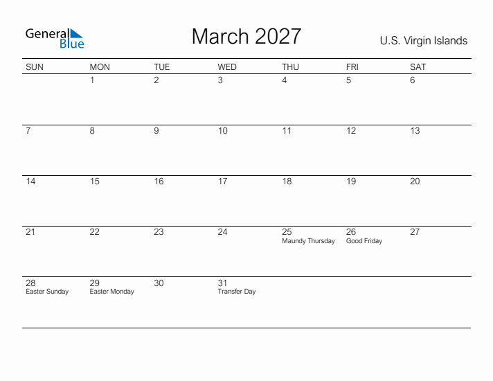 Printable March 2027 Calendar for U.S. Virgin Islands
