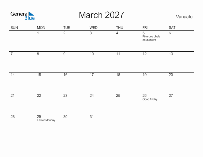 Printable March 2027 Calendar for Vanuatu