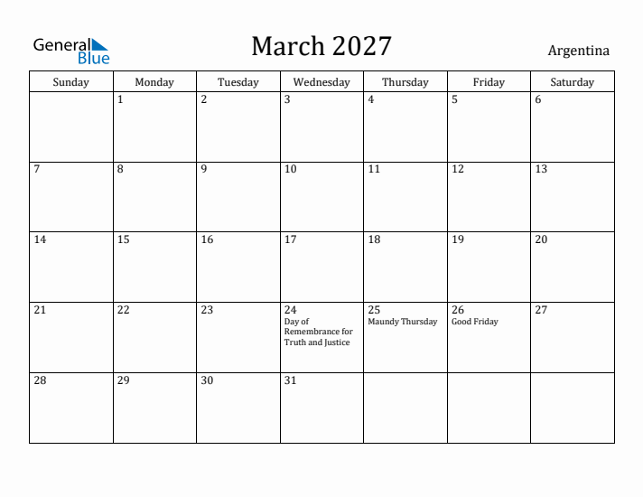 March 2027 Calendar Argentina