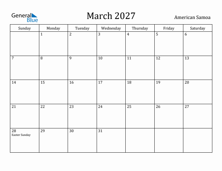 March 2027 Calendar American Samoa