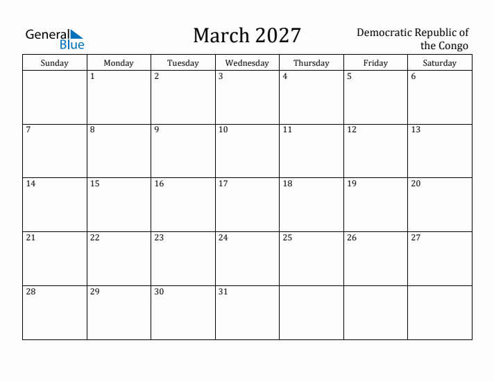 March 2027 Calendar Democratic Republic of the Congo