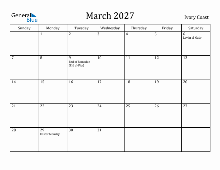 March 2027 Calendar Ivory Coast