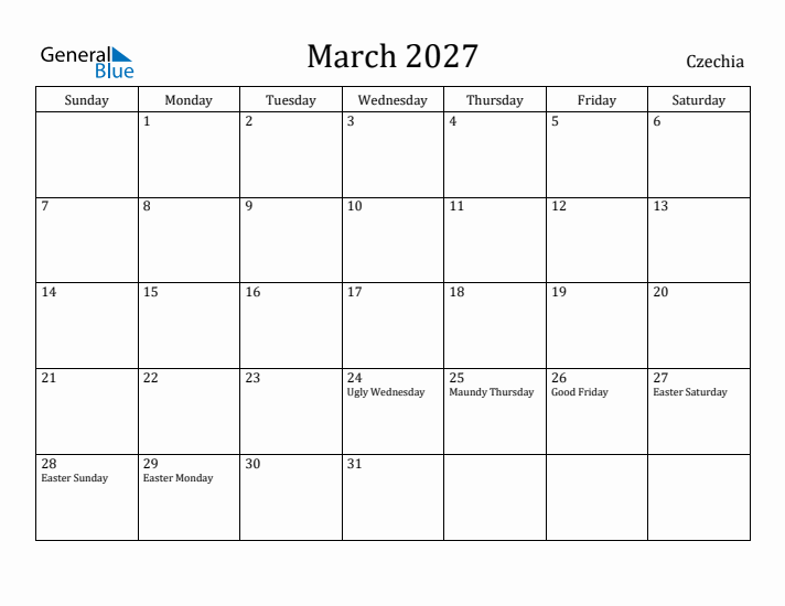 March 2027 Calendar Czechia