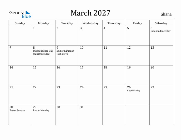 March 2027 Calendar Ghana