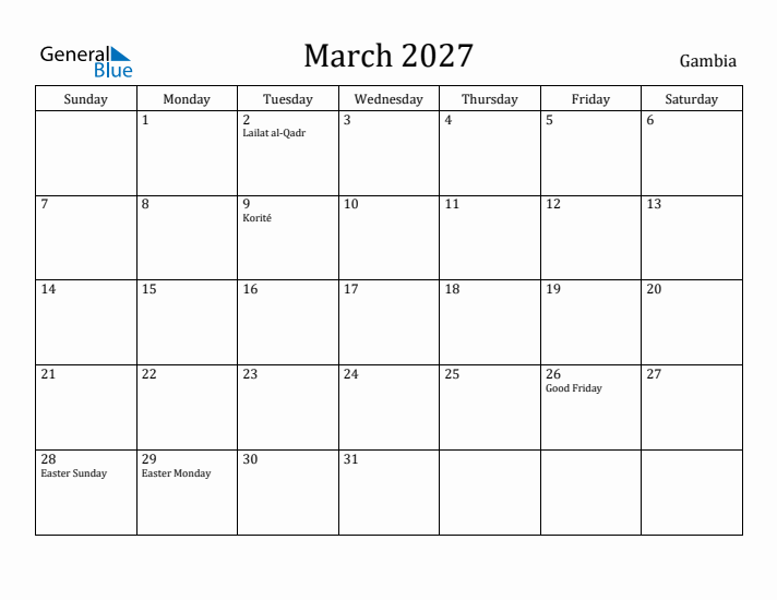 March 2027 Calendar Gambia