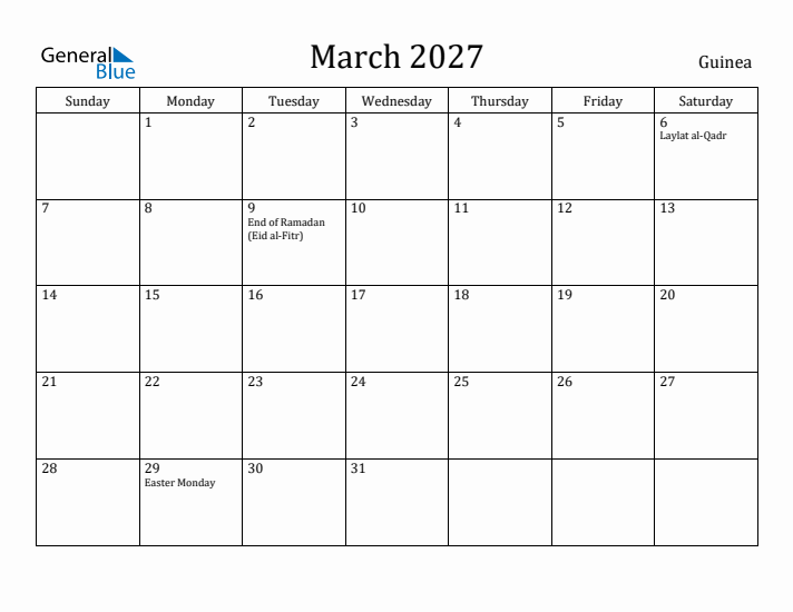 March 2027 Calendar Guinea