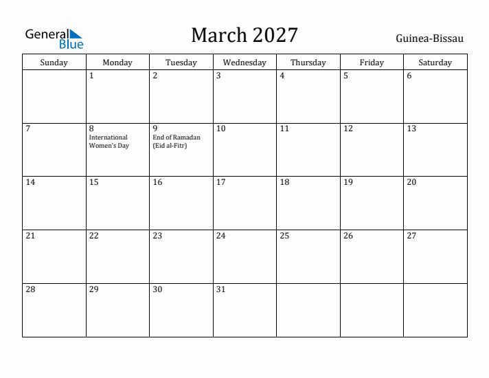 March 2027 Calendar Guinea-Bissau