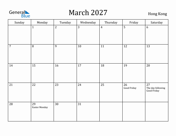 March 2027 Calendar Hong Kong