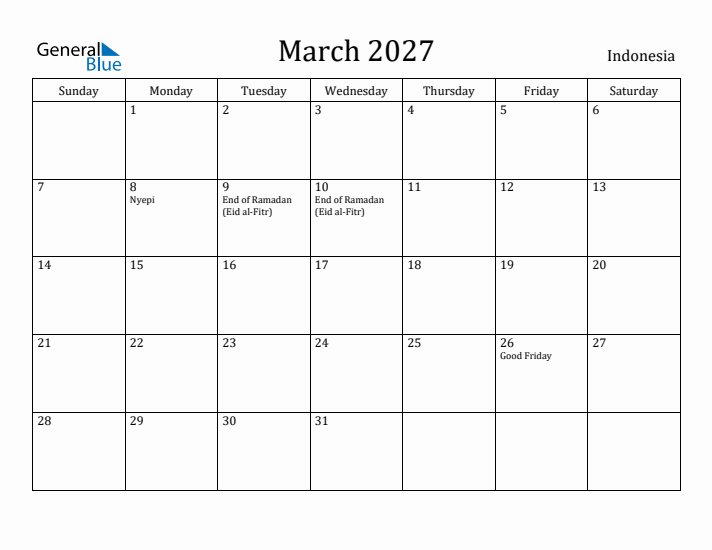 March 2027 Calendar Indonesia