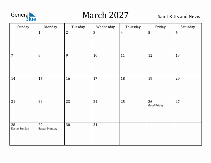 March 2027 Calendar Saint Kitts and Nevis