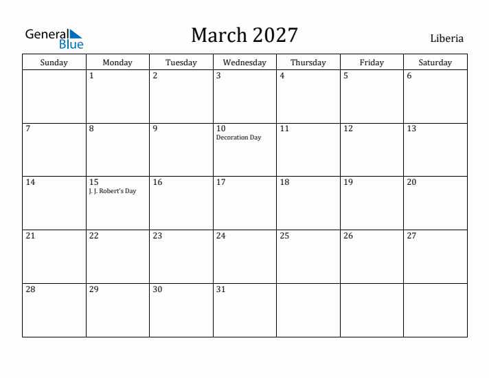 March 2027 Calendar Liberia