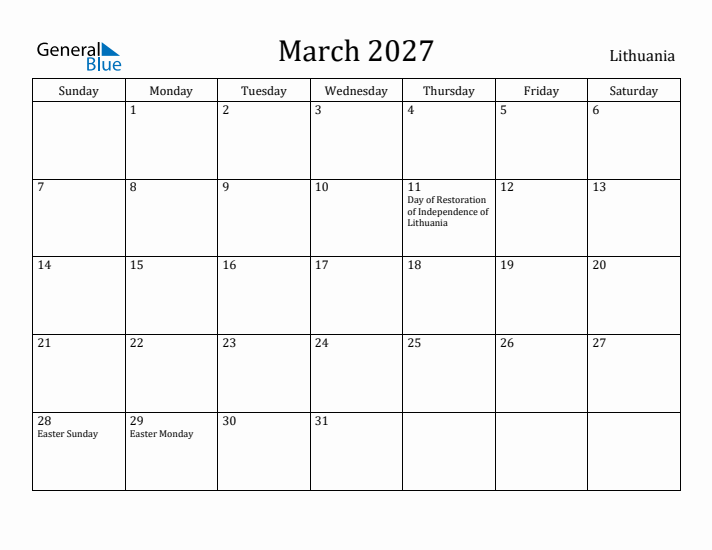 March 2027 Calendar Lithuania