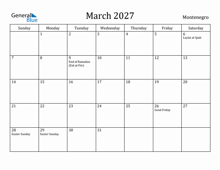 March 2027 Calendar Montenegro