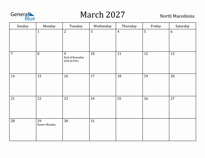 March 2027 Calendar North Macedonia
