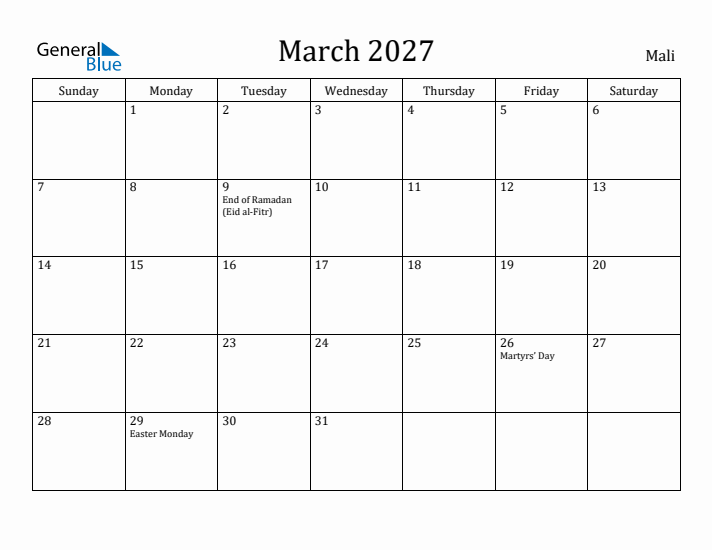 March 2027 Calendar Mali
