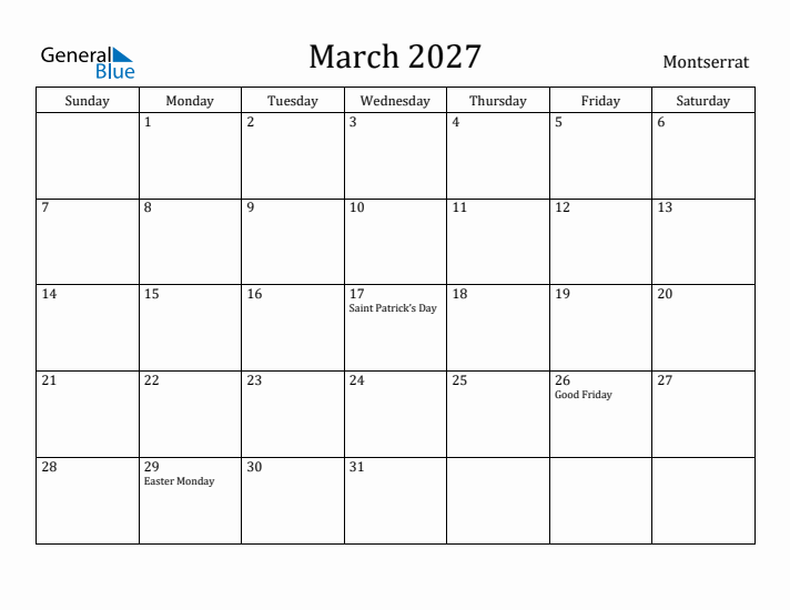 March 2027 Calendar Montserrat