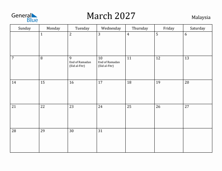 March 2027 Calendar Malaysia