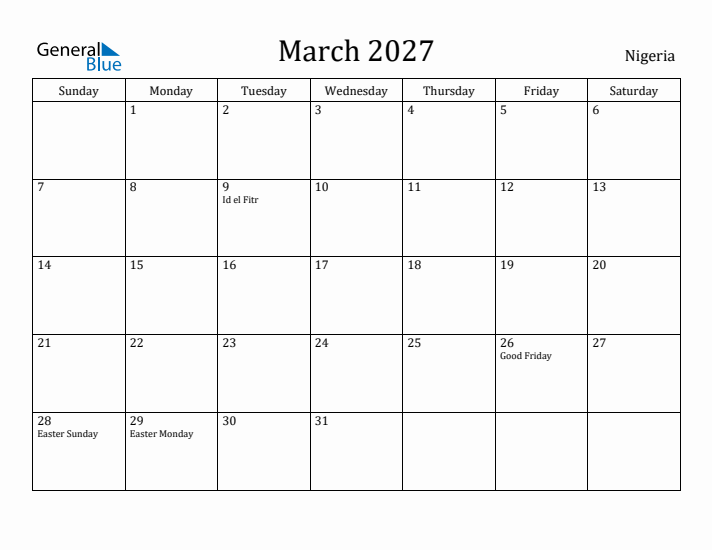 March 2027 Calendar Nigeria