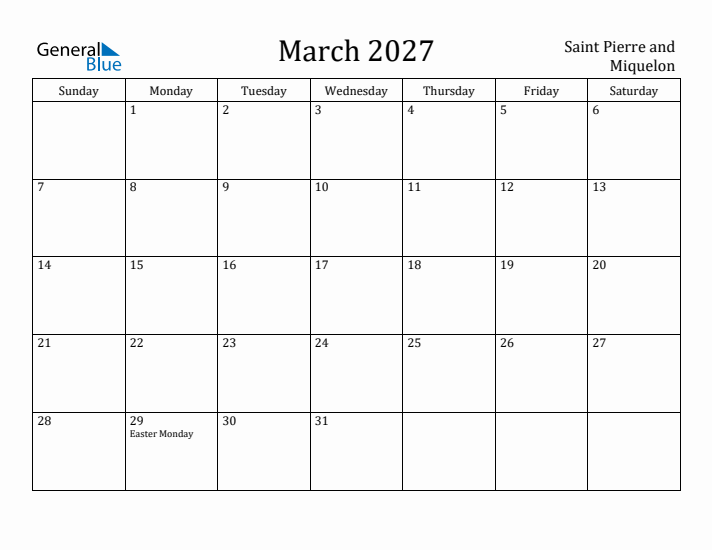 March 2027 Calendar Saint Pierre and Miquelon