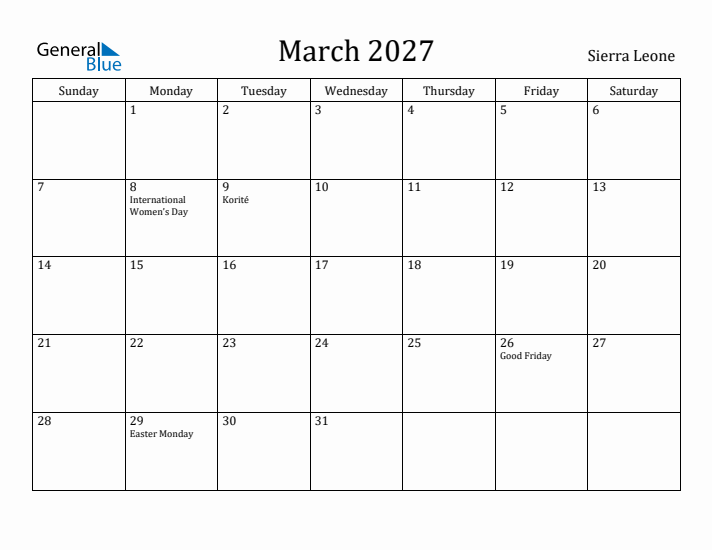 March 2027 Calendar Sierra Leone
